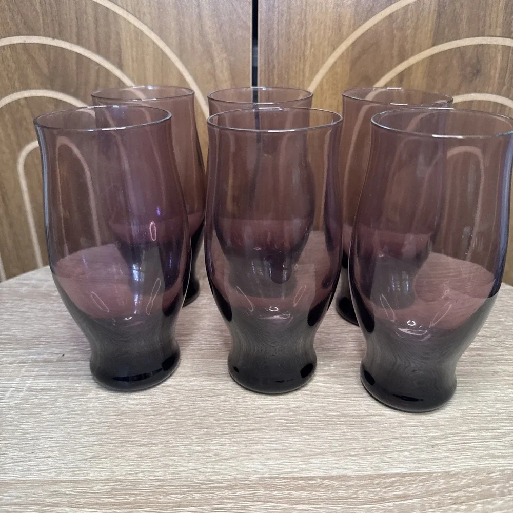 Vintage Libbey Perception Purple MCM Amethyst 16 Oz Glass Tumblers Set Of Six